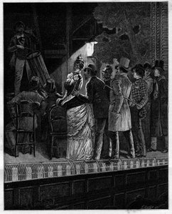 Hvilken effekt, herregud, ga dette skeptiske publikum denne rustikke musikken... Tilskuere som lytter til en trommespiller. I "" Trento ans de Paris"" selvbiografisk samling av Alphonse Daudet (1840-1897). Gravering etter Monteguts illustrasjoner i "" Le