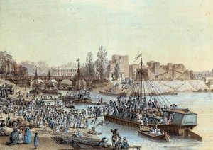 Frakt Skipslastede passasjerer som ankommer kaien. Tegning av Louis de Lespinasse (1734-1808) 1782. Paris, Musee Carnavalet