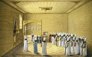 Presentasjonen av en ambassadør til sultanen i salen for begjæringer i Topkapi-palasset, Konstantinopel (akvarell og kroppsfarge med kritt, penn og blekk på papir)