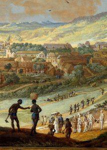 Detalj: "" Utsikt over byen Cape francais (Cap de la Republique) utsikt over bakken i Santo Domingo"" Detalj. Maleri av Louis Nicolas Van Blarenberghe (1716-1794) 1779 La Rochelle, Museum of the New World. av Louis Nicolas van Blarenberghe