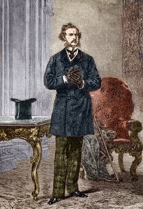 Portrett av Phileas Fogg, karakter av Le tour du monde en eighty jours”” roman d'aventures av Jules Verne illustrert av Louis Paul Pierre Dumont (1822-1882) i 1872 (Phileas Fogg fra frontispice av “Around the World in Eighty Days” ” av Jules Verne (182 av Louis Paul Pierre Dumont