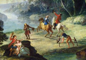 En jakt med falker, detalj av en rytter og en falkoner olje på lerret av Louis Philippe Crepin
