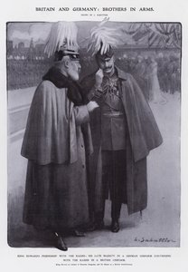 Kong Edward VII kledd som oberst av de prøyssiske dragonene og keiser Wilhelm II kledd som en britisk feltmarskalk (litho) av Louis Remy Sabattier