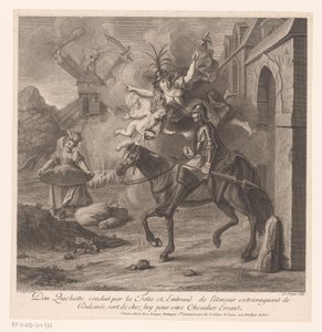 Don Quijote, akkompagnert av dårskapen, forlater huset sitt for å bli en ridder-villfarende Don Quixote kanal par la Folie et embrasé de l