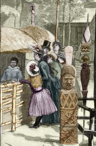 Universell utstilling 1889 - Canaque-landsbyen ved Esplanade des Invalides (Canaques utstilt under utstillingen: Human Zoo) - Tegning av Louis Tinayre (1861-1942) - i "" Le Monde Illustré""" av 22.07.1889.