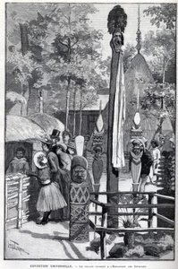 Exposition Universelle 1889 - Kanaklandsbyen ved Esplanade des Invalides (kanakene som ble stilt ut under utstillingen: Zoo Humane). Tegning av Louis Tinayre (1861-1942) - i "" The Illustrous World"" av 22.07.1889. av Louis Tinayre