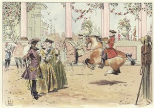 En gruppe menn og kvinner ser på en rideforestilling av Louis Vallet