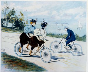 Søndagstur. Sykkeltur: en mann på sykkel ser på to kvinner på en tandem. Tegning av Louis Vallet (1856 -?)