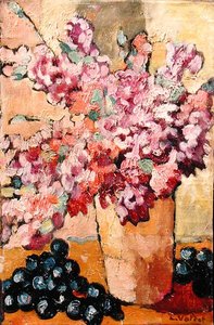 Stilleben med blomster og sorte druer av Louis Valtat