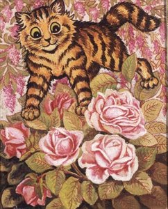 En kattunge som gjemmer seg i en rosebusk av Louis Wain