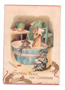 Et viktoriansk julekort med to katter i et badekar mens to mus leker med en såpe, ca. 1880 av Louis Wain