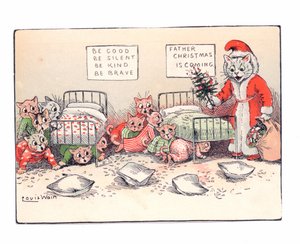 Et viktoriansk gratulasjonskort med kattunger som kryper sammen i frykt ved synet av en katt kledd som julenissen, ca. 1880 av Louis Wain