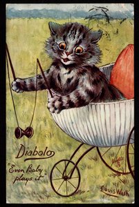 Diabolo. Til og med babyen spiller det. Dyr i menneskelig holdning. Kattunge leker med en diabolo i vuggen. Postkort. Kromolitografi av Louis Wain (1860-1939), en engelsk kunstner kjent for sin skildring av katter med store øyne. Begynnelsen av det 20 av Louis Wain