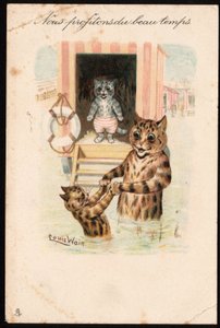 Vi utnytter godværet. Dyr i menneskelig holdning. Katte sjøbad på ferie. Postkort. Kromolitografi av Louis Wain (1860-1939), en engelsk kunstner kjent for sin skildring av katter med store øyne. Begynnelsen av det 20. århundre. Halsbånd av Louis Wain