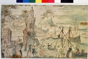 "" Utsikt over en havn "" Nederlandsk havn. Akvarell og penn av Louis de Caulery (kjent som mesteren av Book of Sketches of Leningrad) (rundt 1580- Etter 1621) Musee Pouchkine fra 1600-tallet, Moskva, Russland