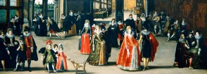 Elegante figurer som danser i et interiør (olje på panel)
