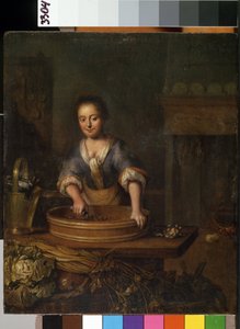 ""Kokken"" (Kokken) En ung kokk på et landkjøkken som tilbereder kål. Maleri av Louis de Moni (1698-1771) Mikalojus Konstantinas Ciurlionis kunstmuseum, Kaunas, Litauen av Louis de Moni