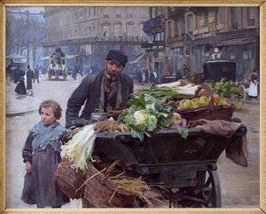 De fire årstidenes kjøpmann i Paris. Bak ham, Hotel du Louvre (1. arrondissement) maleri av Louis Marie de Schryver (1862-1942), olje på lerret