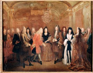 Kongen av Frankrike Ludvig XIV tar imot prinsen Frederick Augustus I i slottet Fontainebleau (maleri av Louis de Silvestre