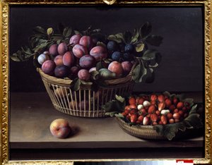 En fersken, jordbær og en kurv med frukt Maleri av Louise Moillon (1610-1696) Toulouse fra 1600-tallet, Musee des Augustins