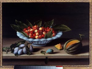 Kopp med kirsebær, plommer og melon Maleri av Louise Moillon (1610-1696) 1633 Søn. 0,48x0,65 m