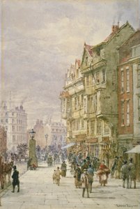 Utsikt østover langs Holborn med figurer og hestetrukne kjøretøy på gaten, London, 1875 av Louise Rayner