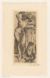 Naken kvinne med vifte i hånden og en sammenkrøpet figur til høyre av Lovis Corinth (signed by artist)