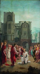 Kristus overleverer nøklene til St. Peter av Lower Rhenish pupil of Wolf Huber