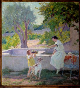 Madame Prat og datteren hennes i hagen med den lille geiten Maleri av Joseph Loys Prat (1879-1934), 1900-tallet. Ordfører i Donzere.