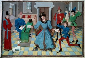 Ankomst av en miniatyrbudbringer fra manuskriptet "Renaud de Montauban" eller "Les quatre fils Aymon" av Loyset Liedet (aktiv mellom 1448 og 1478). Ms. 5073. Bibliotheque de l