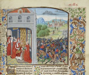 Kroningen av pave Gregor XI og slaget ved Pontvallain, 1370, ca 1470-1475. av Loyset Liedet