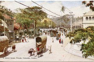 A Street Scene, Pettah, Colombo, Ceylon, ca. 1900-20 (håndkolorert fotografi)