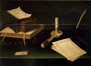 Stilleben av bøker, fjær, brev og lysmaleri av Lubin Baugin (1610-1663) Roma Galleria Spada fra 1600-tallet