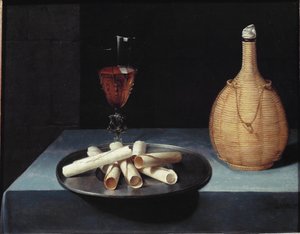 Stillebensoblatdessert av kjeks, vinflaske og glass - olje på lerret