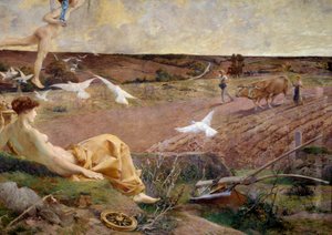 Fortune allegorisk representasjon av overflod og fruktbarhet. En bonde som pløyer åkeren sin i bakgrunnen. Detalj. Maleri marouflee på gips av Luc Olivier Merson (1846-1920) 1901 Søn. 2,22x2,9 m Paris, musee d