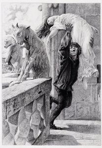 Quasimodo ableve Esmeralda - i "Notre Dame de Paris"" av Victor Hugo av Luc Olivier Merson, gravert av Gery Bichard, red. E. Testard, Paris