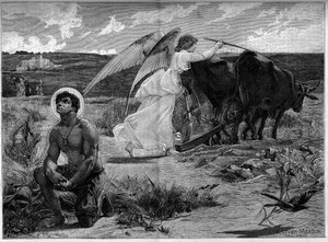 Saint Isidore, patron of the plowers. An angel helps Saint Isidore plow a field with a plow. 19th century. Engraving after the painting by Luc Olivier Merson (1846-1920). In “” The Illustrous World”” n°1294 of January 21