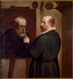 Selvportrett av kunstneren som lager portrettet av faren Maleri av Luca Cambiaso (1527-1585) 1570 ca. Sol. 104x97 cm Genes, Musei di Strada Nuova