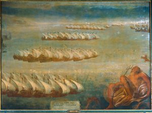 Sjøslaget ved Lepanto i 1571, der den keiserlige flåten under Don Juan d#39;Austria og dogen av Venezia av Luca Cambiaso
