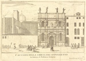 Fasade til Ospitaletto-kirken (plate 33) av Luca Carlevariis