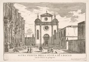 Plate 38: Utsikt over fasaden til kirken St. Roch og til venstre fasaden til Schoo..., 1703. av Luca Carlevarijs