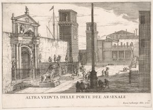 Plate 63: Utsikt over porten til verftet og våpenhuset Arsenale, Venezia, 1703, fr..., 1703. av Luca Carlevarijs
