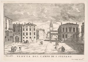 Plate 95: Utsikt over Campo Santo Stefano med Loredan-palasset og Morosini-palasset, Venezia ..., 1703. av Luca Carlevarijs