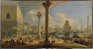 Moloen og hertugpalasset (Venezia, Italia) - Maleri av Luca Carlevaris (1663-1730), olje på lerret, ca. 1710, 64x121 cm - Moloen med hertugpalasset, Olje på lerret av Luca Carlevaris - Statseremitasjen, St. -Petersburg