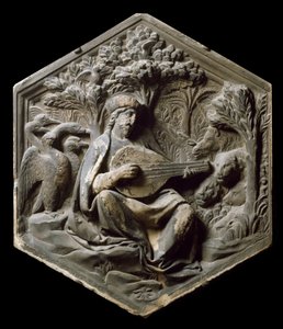 Allegory of Music som Orphee Dyrene i skogen lytter til Orphee som spiller lut. Høy relieff av Luca della Robbia av Luca Della Robbia