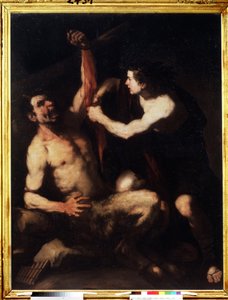 ""Apollo og Marsyas"" Apollo, etter å ha vunnet utfordringen mot Marsyas, får ham flådd og deretter kastet inn i en hule. Maleri av Luca Giordano (1632-1705) rundt 1650. Manierisme. Pushkin-museet, Moskva av Luca Giordano