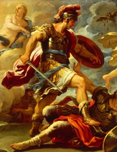 Figur av Aeneas, detaljer fra Aeneas beseirer Turnus, av Luca Giordano (1634-1705), olje på lerret