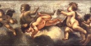 Putti disporting (papir på lerret) (sentral detalj) (se også 67091-94) av Luca Giordano