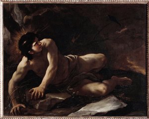 The Temptation of St Benedict, who kaster seg i stangen for å unngå fristelser) Maleri av Luca Giordano (1634-1705) Museo dell