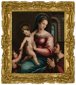 Madonnaen og barnet med spedbarnet Døperen Johannes og en giver (olje på panel)